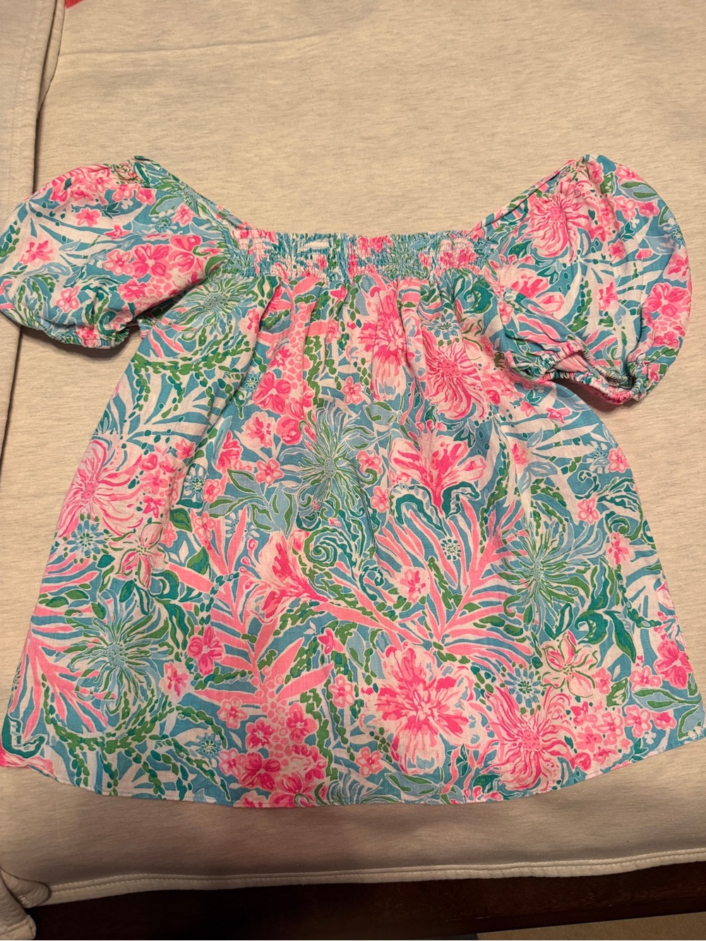 Lilly Pulitzer Pink, Blue & Green Smocked Neck Blouse - Picture 2 of 12